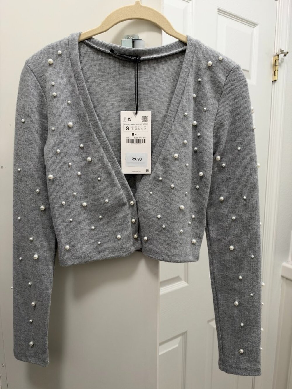 Zara Gray Pearl Embellished Cardigan New With Tags
